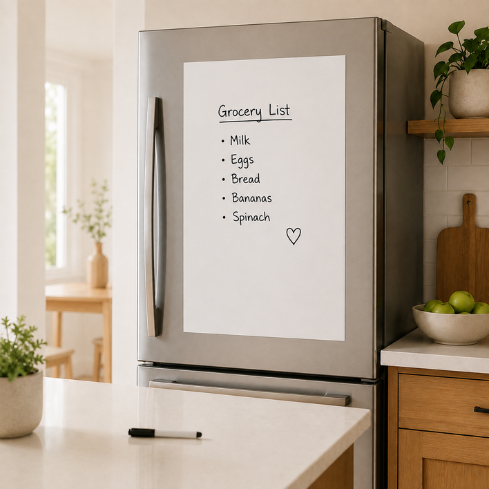 WriteyBoard applied to a fridge door with a handwritten grocery list