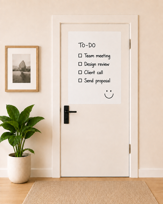 WriteyBoard applied to an interior door with a handwritten to-do list